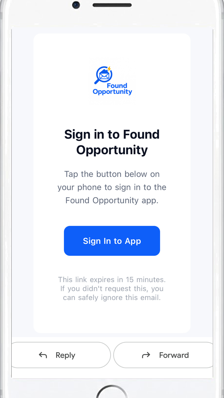 Magic-link email used to sign in to the Found Opportunity app.